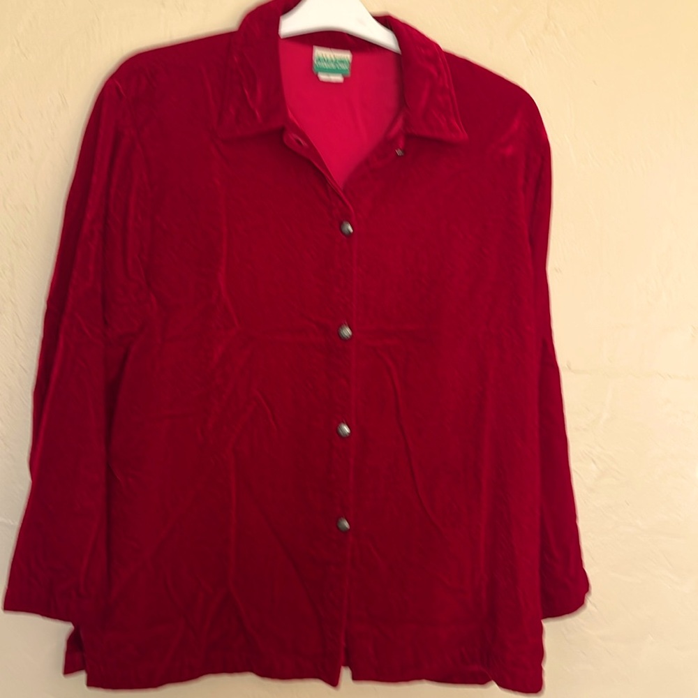 Vintage Coldwater Creek scarlet red velvet textured shirt silver buttons size M